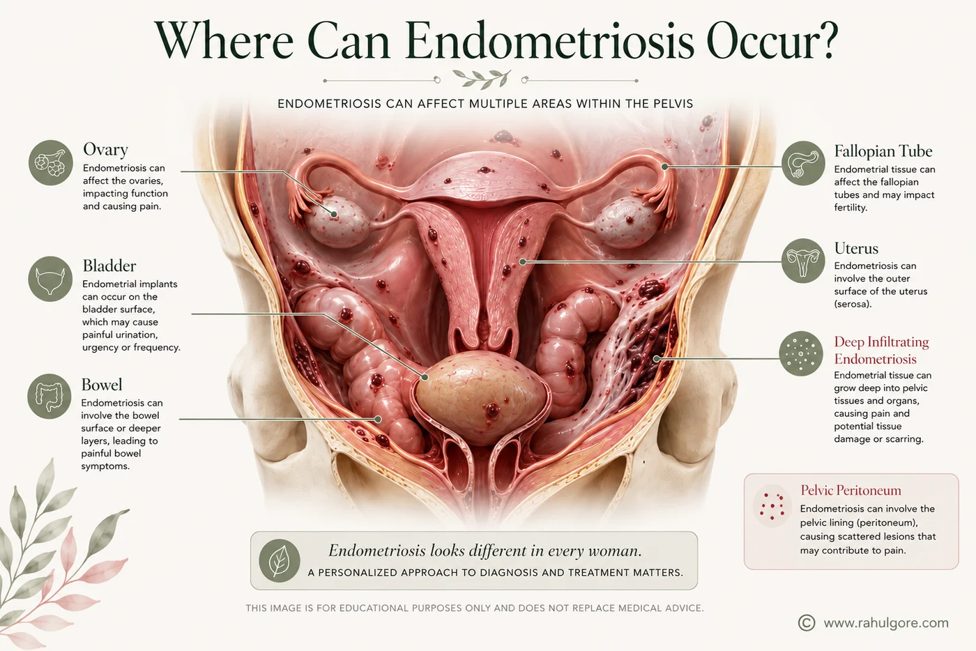 3D medical illustration showing common locations of endometriosis in the female pelvis including ovary, bowel, bladder and pelvic peritoneum.