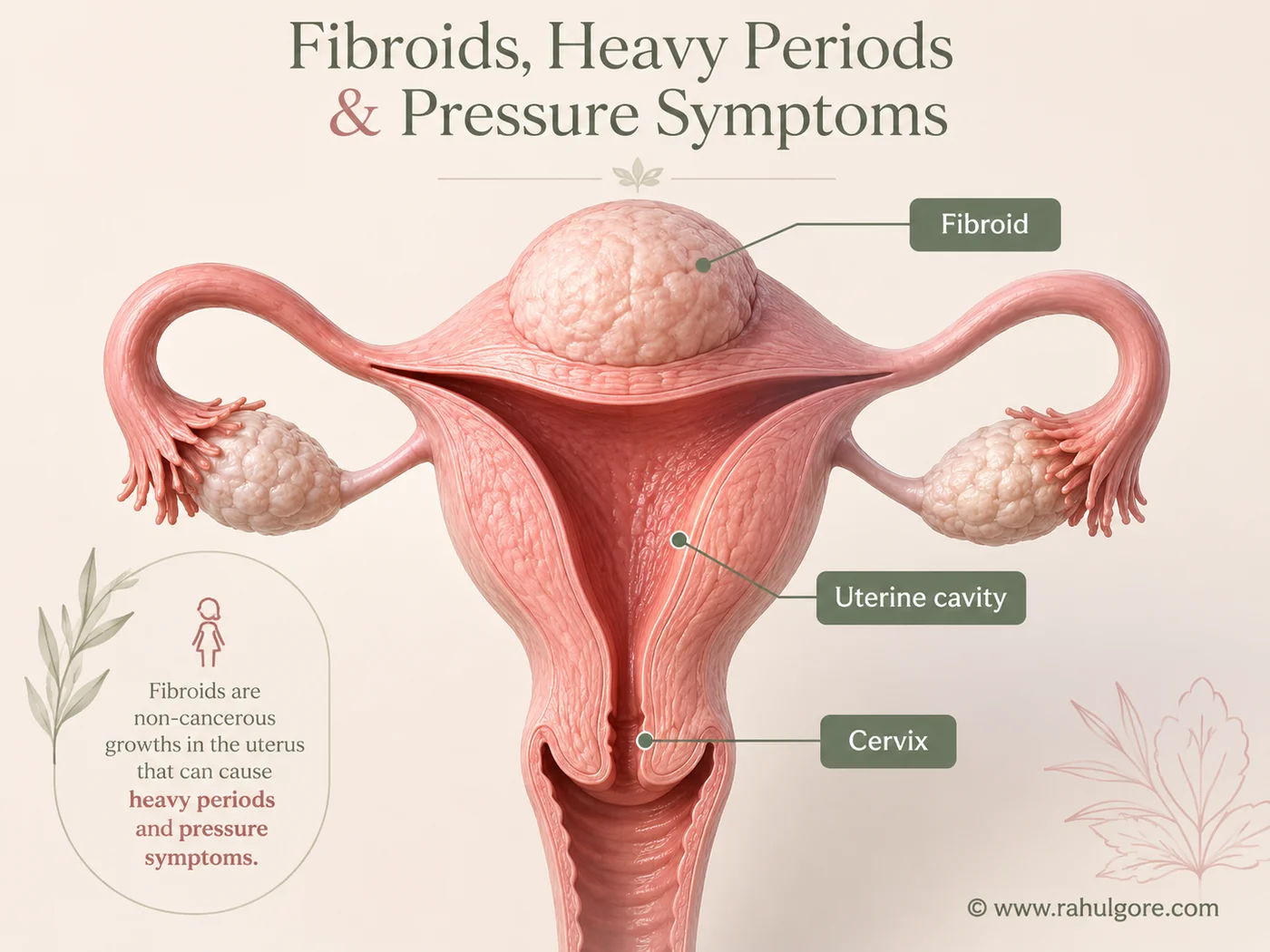 3D illustration of a large fundal fibroid inside the uterus with labels for fibroid, uterine cavity and cervix.
