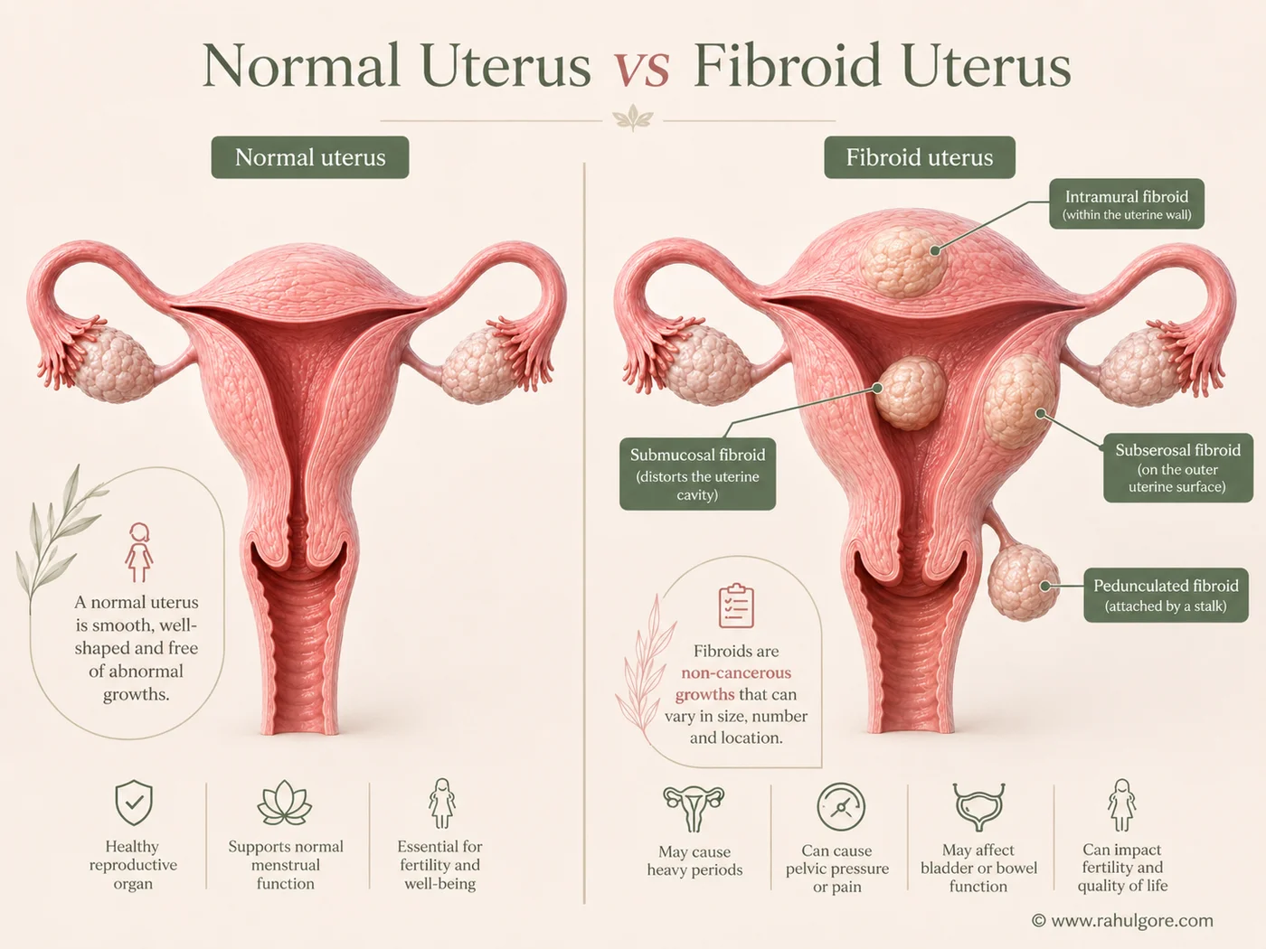 Comparison of normal uterus and fibroid uterus showing intramural, submucosal, subserosal and pedunculated fibroids.