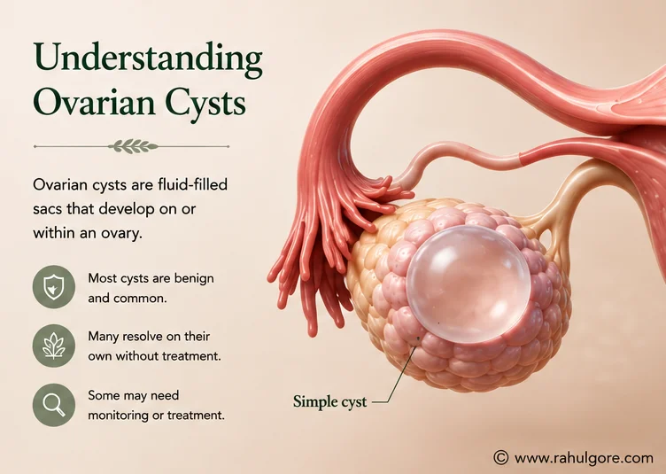 3D medical illustration of a simple ovarian cyst, explaining ovarian cyst assessment by a consultant gynaecologist in Kent.