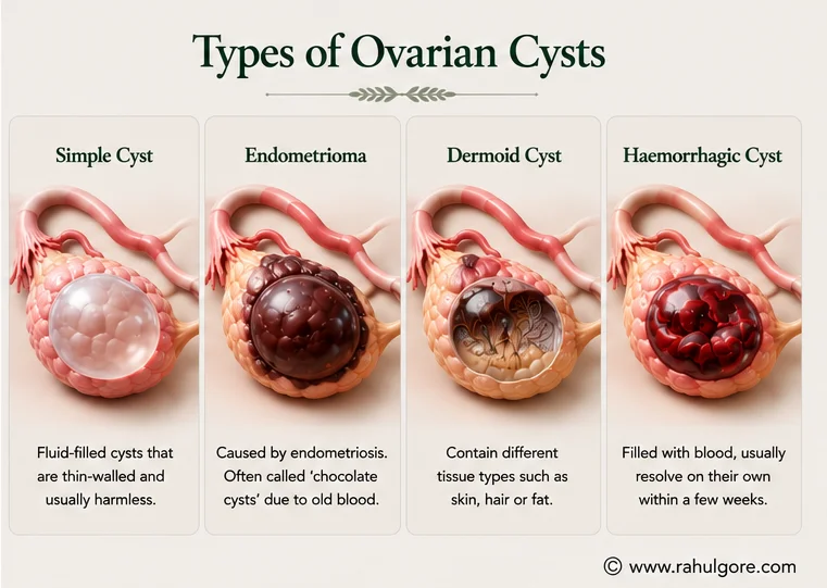 Medical illustration comparing types of ovarian cysts — simple cyst, endometrioma, dermoid cyst and haemorrhagic cyst.